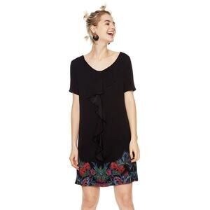 Desigual Octavio Mini Dress Floral Ruffle Front Short Sleeves Black Size 2 NWT
